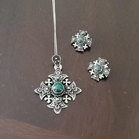 Vintage Sterling Silver Malachite Jerusalem Crusaders Cross Necklace & Earrings
